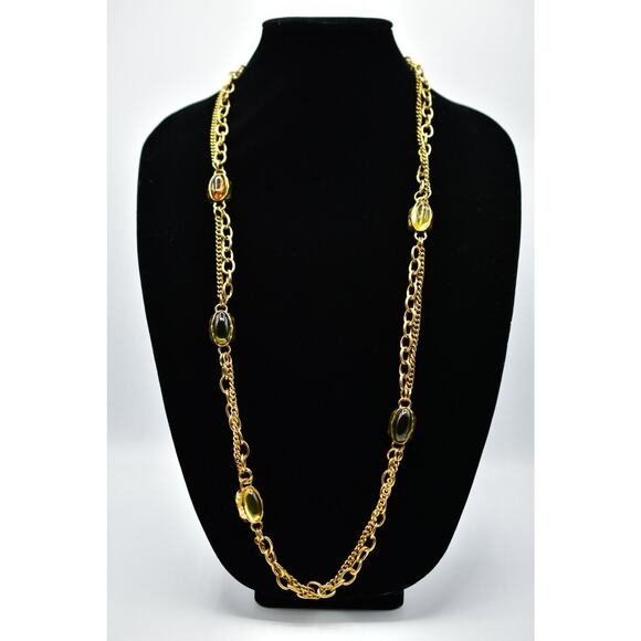 Sparkling Sage Cabochon Station Necklace Crystal Antiqued Gold Tone Chain BinA - Picture 3 of 12